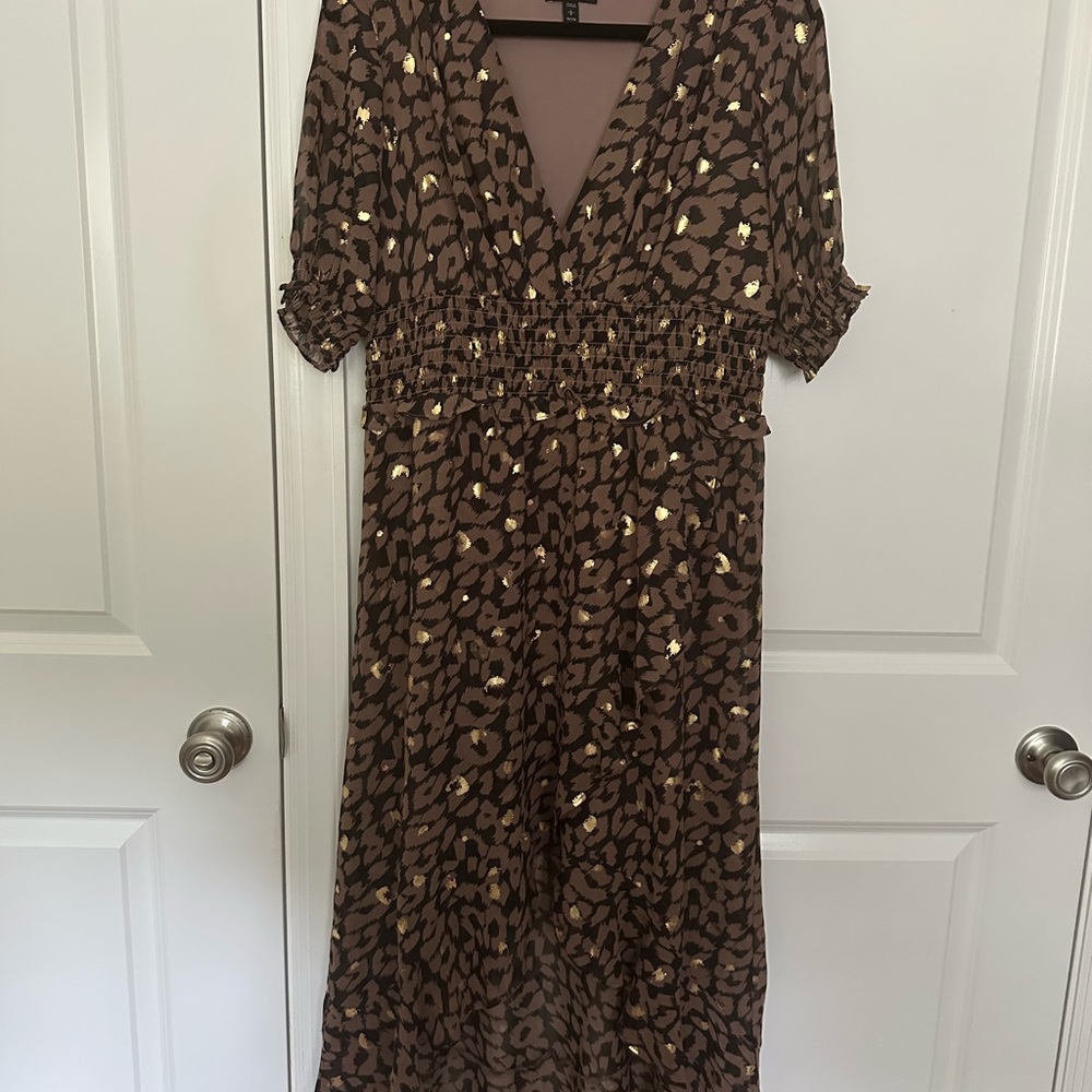 Express Brown Leopard Midi Dress with Gold Accents